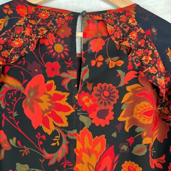 LOFT Floral Print Long Sleeve Semi Sheer Ruffle Top Size Small Blue Red - Picture 7 of 14